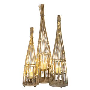Conical Wicker Lantern With Glass Holder & LED Lights_1084