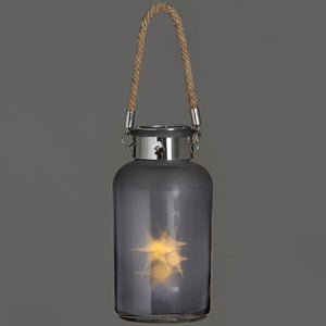 Frosted Grey Glass Lantern with Rope Detail and LED_788