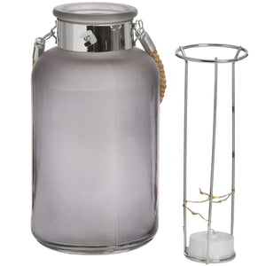 Frosted Grey Glass Lantern with Rope Detail and LED_789