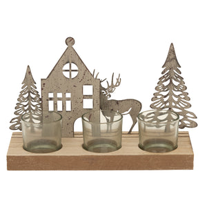 Rustic Metal Scene Tealight On Wood Stand With Glass Votives_2900