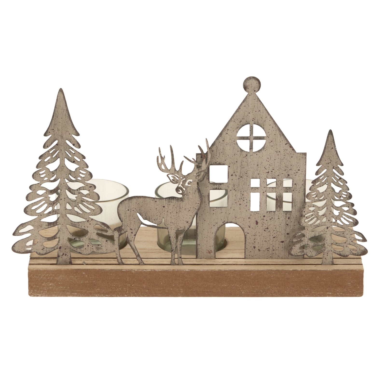 Rustic Metal Scene Tealight On Wood Stand With Glass Votives_2899