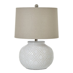 Squat White Beaded Ceramic Lamp With Linen Shade_1103