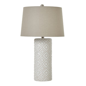 White Beaded Ceramic Lamp With Linen Shade_1159