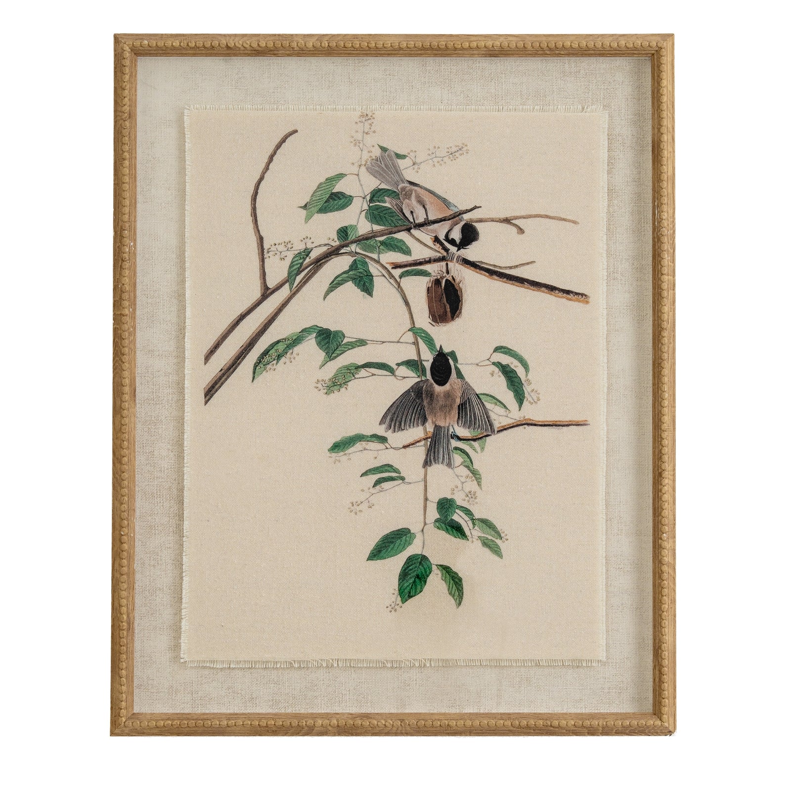 Flora & Fauna Collection Chickadees On Linen In Beaded Frame_3773