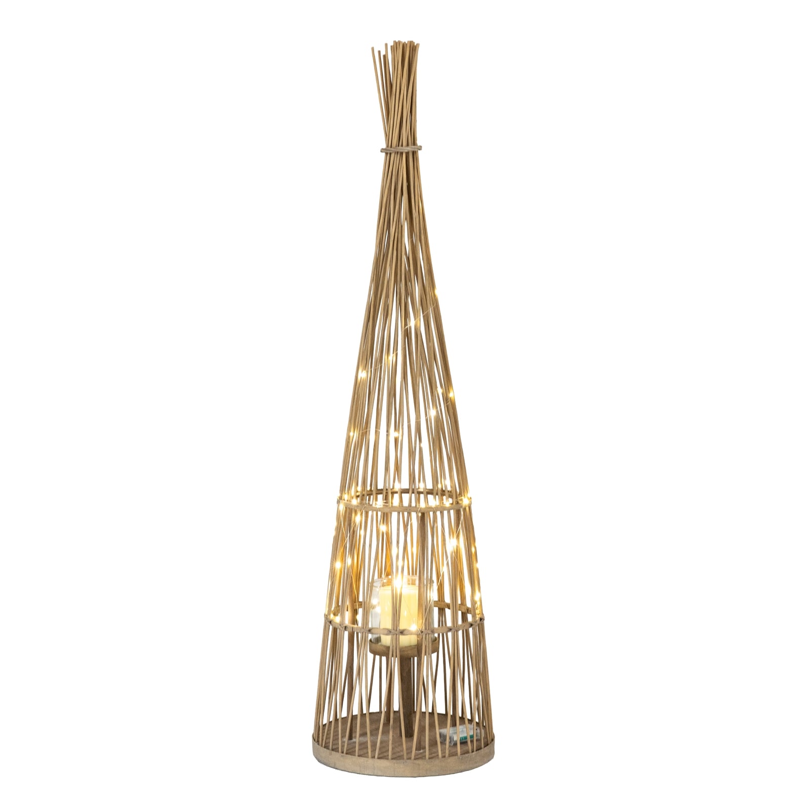 Conical Wicker Lantern With Glass Holder & LED Lights_862