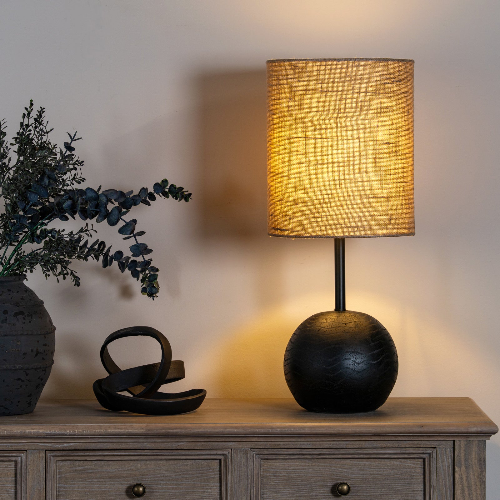 Black Cannon Table Lamp With Hessian Shade [cid:24679]