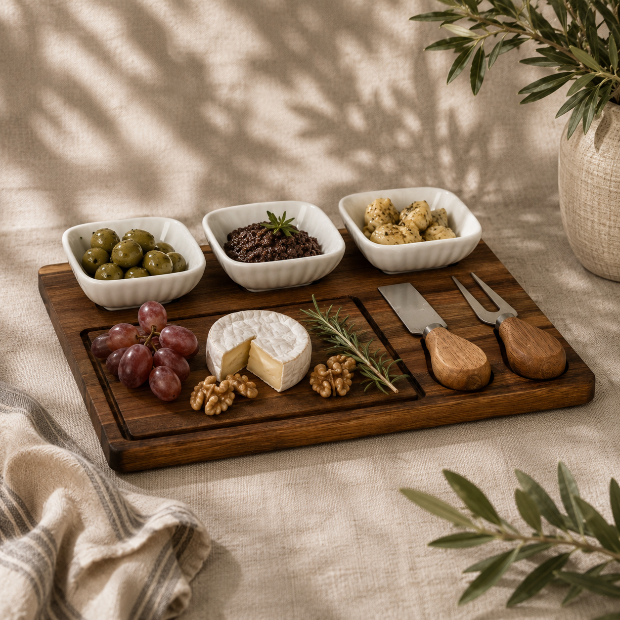 Acacia Cheese Board Set With White Ceramic Bowls And Cutlery