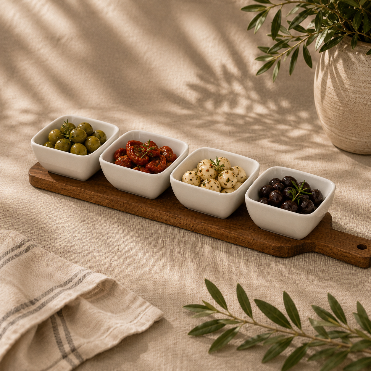 Acacia Serving Board including Four Ceramic Serving Bowls
