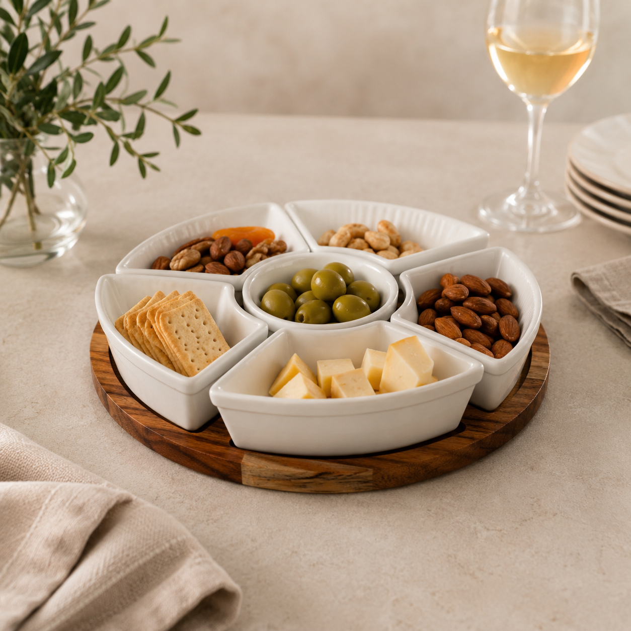 Acacia Lazy Susan including Ceramic Serving Bowls