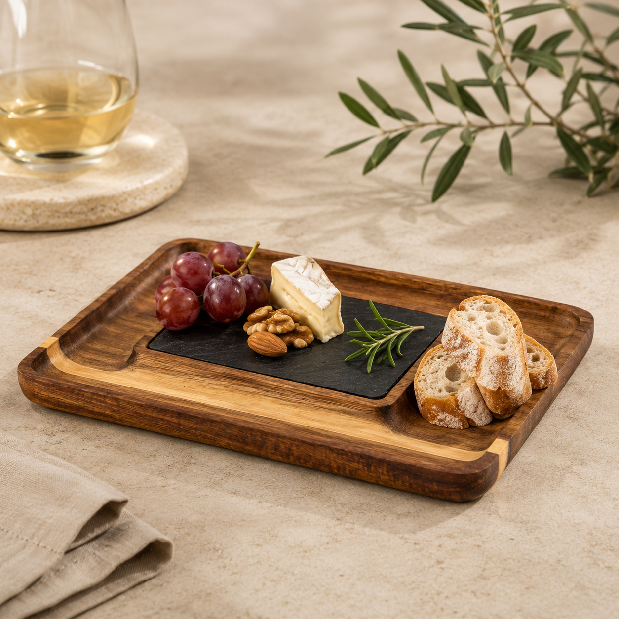 Acacia Serving Tray with Slate