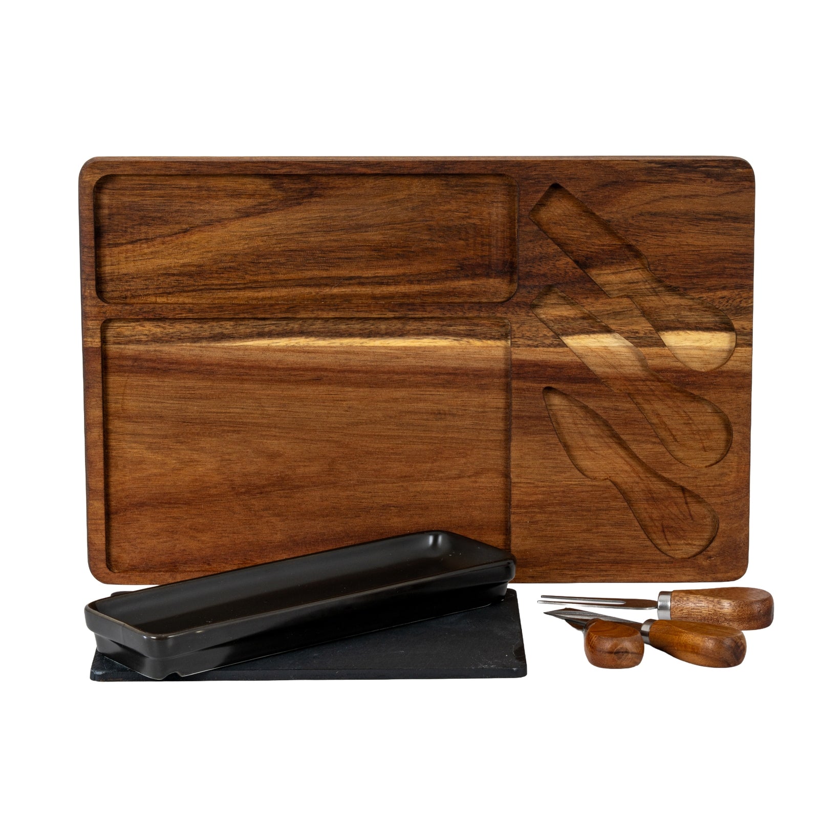 Acacia Cheese Board Set With Grey Bowl, Slate and Cutlery [cid:24692-b]