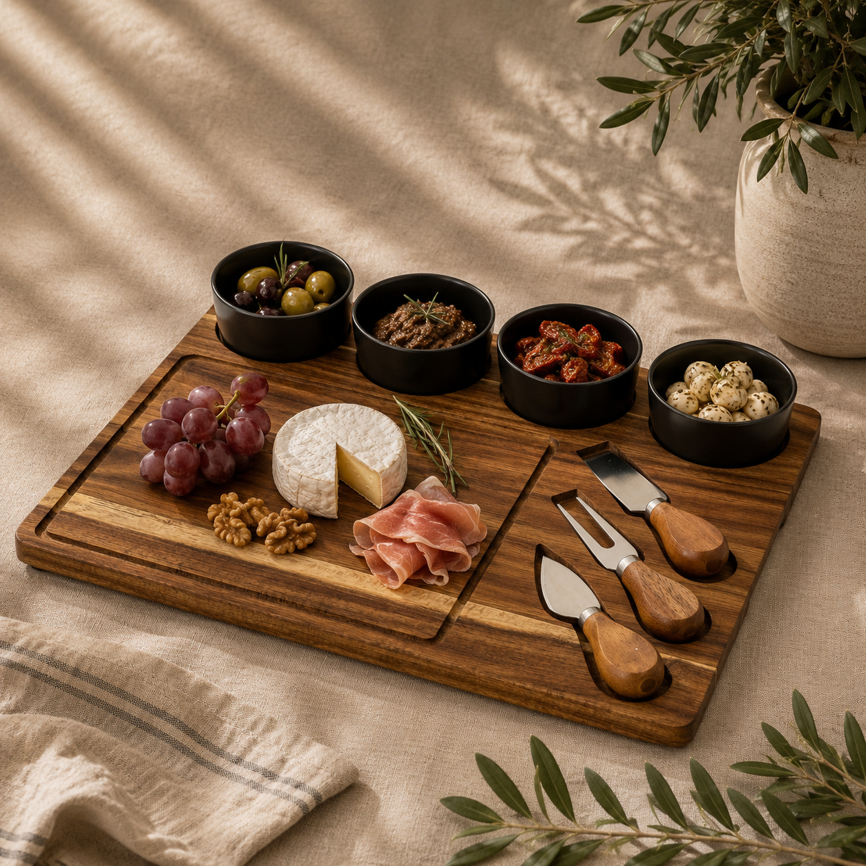 Acacia Cheese Board Set With Grey Ceramic Bowls and Cutlery