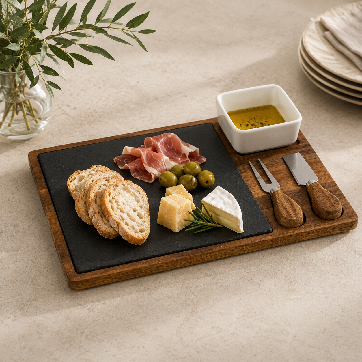 Acacia Cheese Board Set With White Bowl, Slate and Cutlery