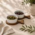 Set Of 2 Acacia Fishtail Serving Trays with Ceramic Bowls