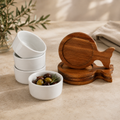 Set Of 4 Acacia Fishtail Serving Trays with Ceramic Bowls