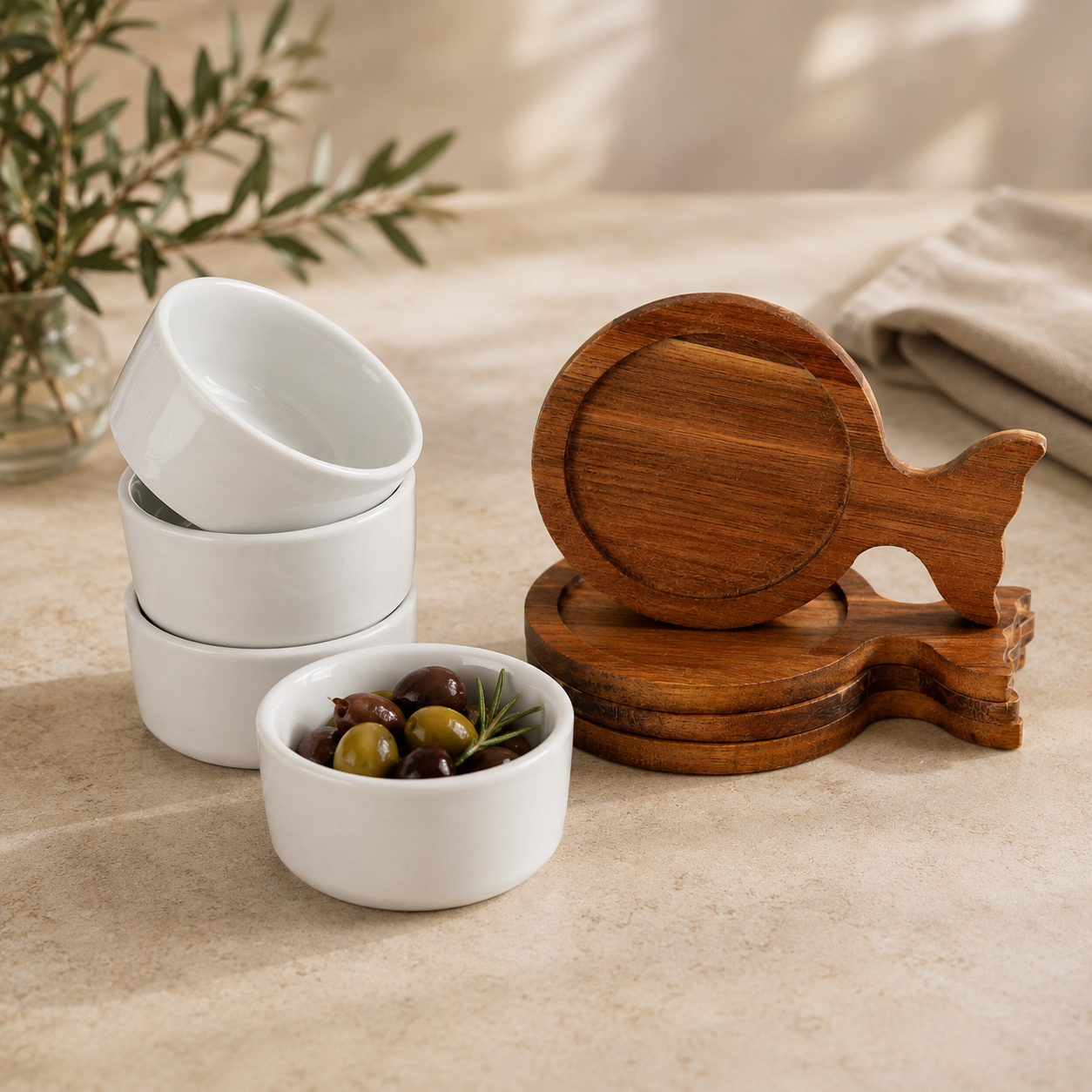 Set Of 4 Acacia Fishtail Serving Trays with Ceramic Bowls