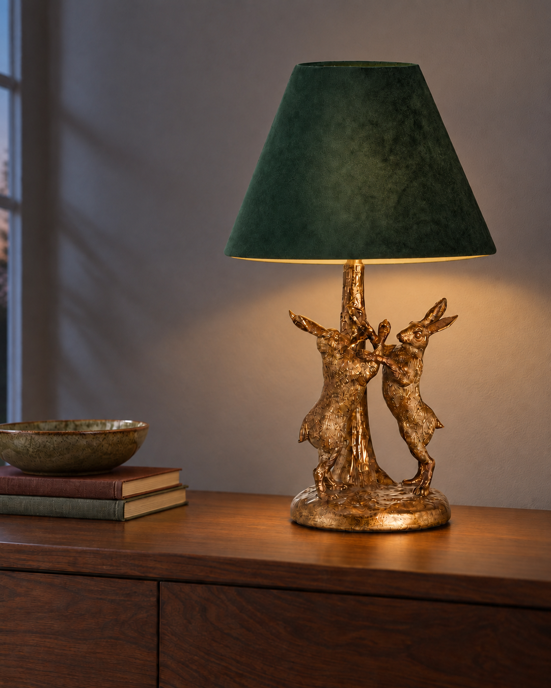 Antique Gold Marching Hares Lamp With Green Velvet Shade