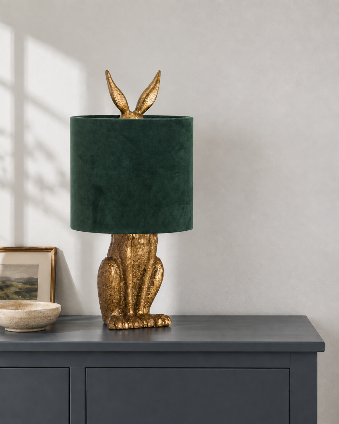 Antique Gold Hare Table Lamp With Green Velvet Shade