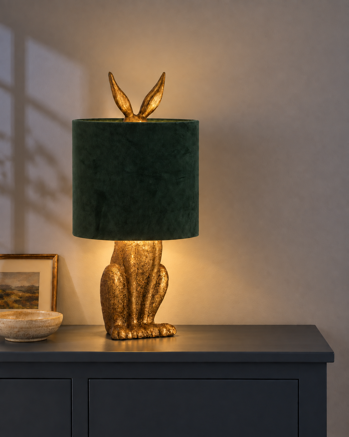Antique Gold Hare Table Lamp With Green Velvet Shade
