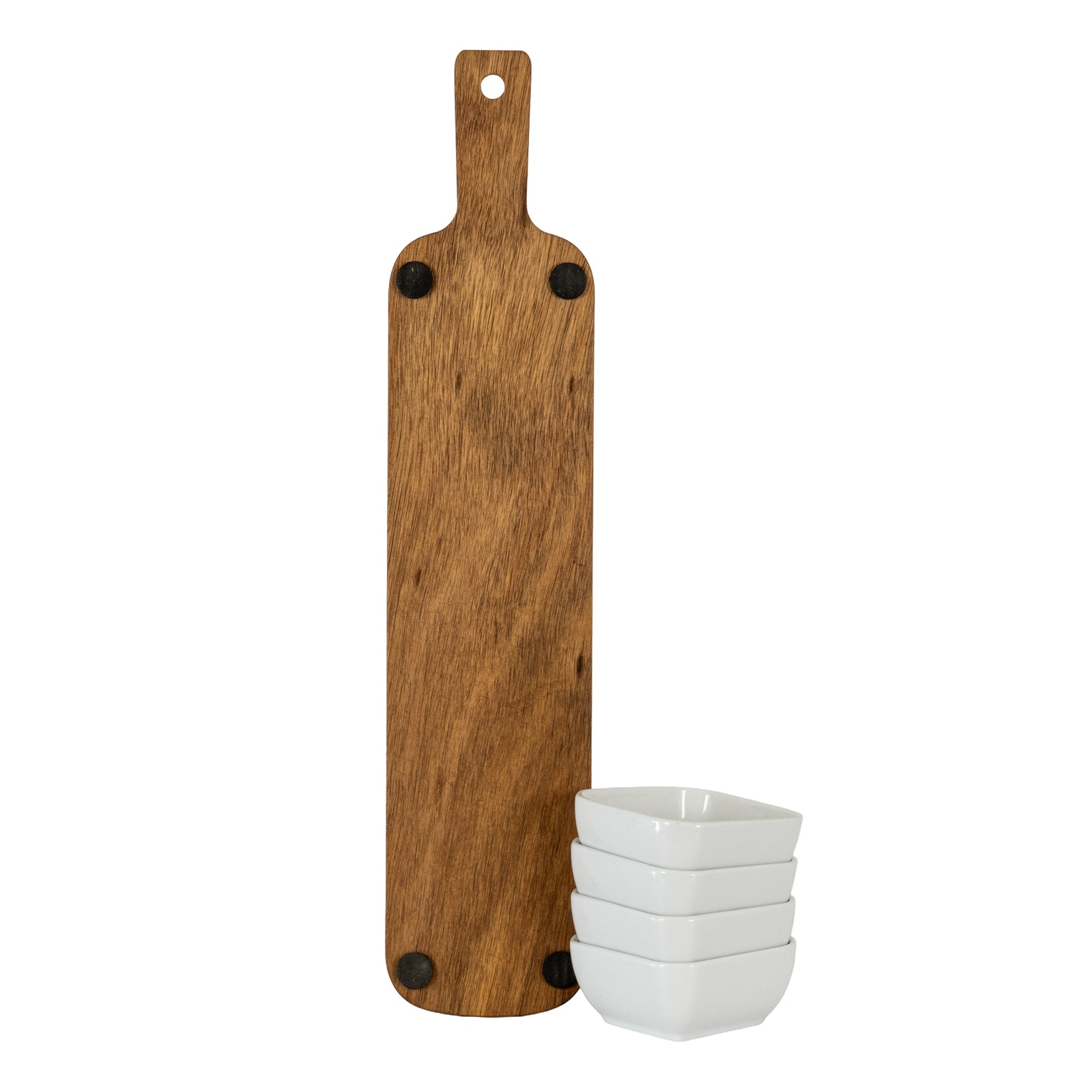 Acacia Serving Board including Four Ceramic Serving Bowls [cid:24688-d]