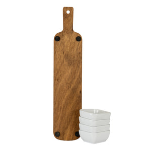 Acacia Serving Board including Four Ceramic Serving Bowls [cid:24688-d]