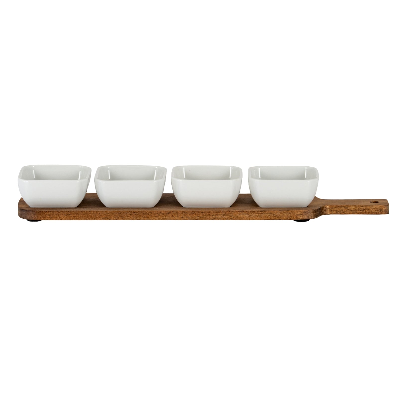 Acacia Serving Board including Four Ceramic Serving Bowls [cid:24688-a]