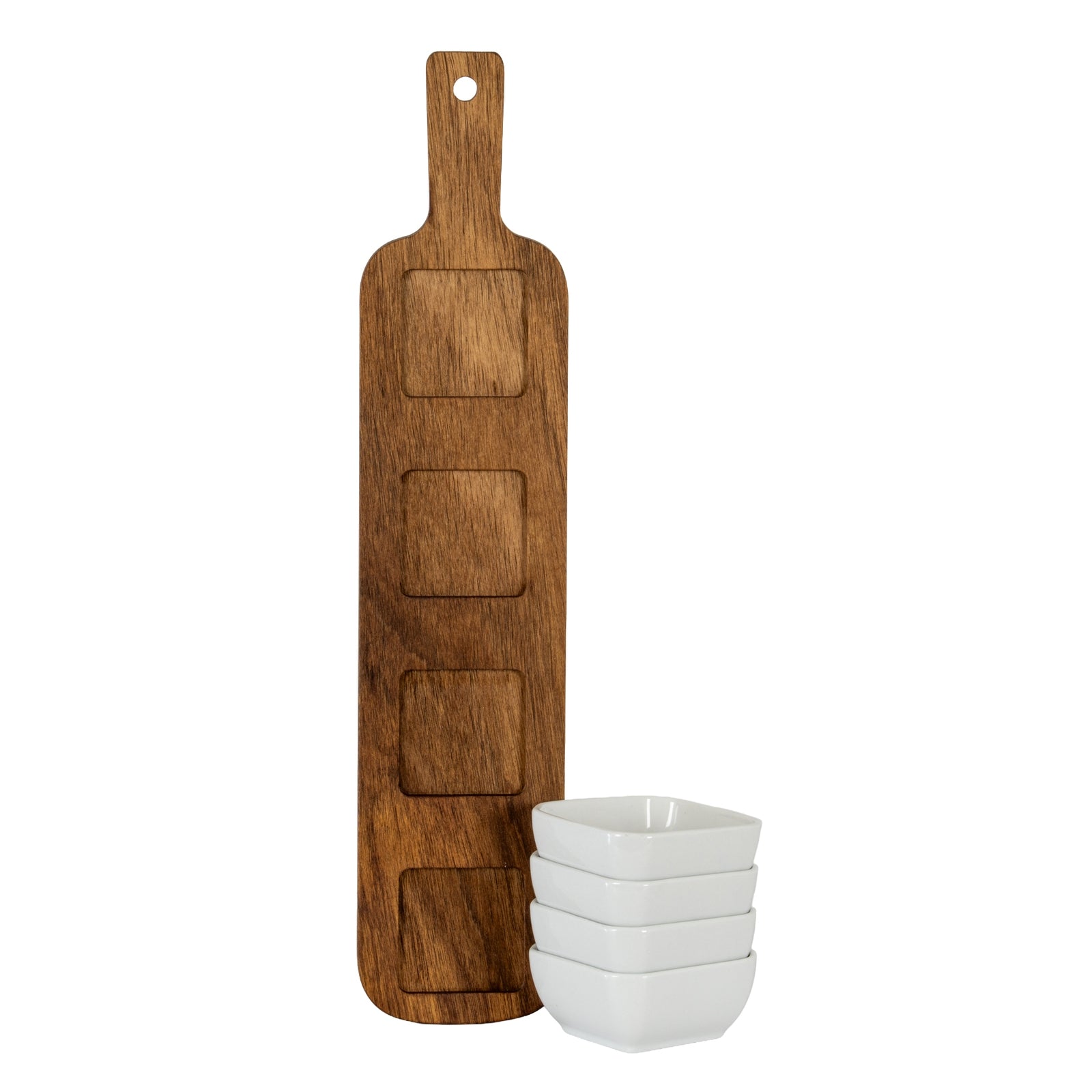 Acacia Serving Board including Four Ceramic Serving Bowls [cid:24688-c]
