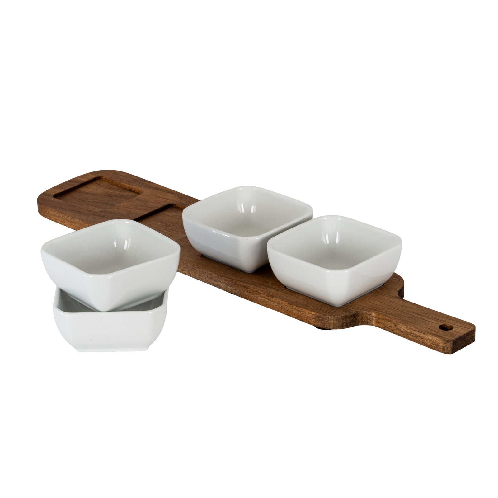 Acacia Serving Board including Four Ceramic Serving Bowls [cid:24688-b]