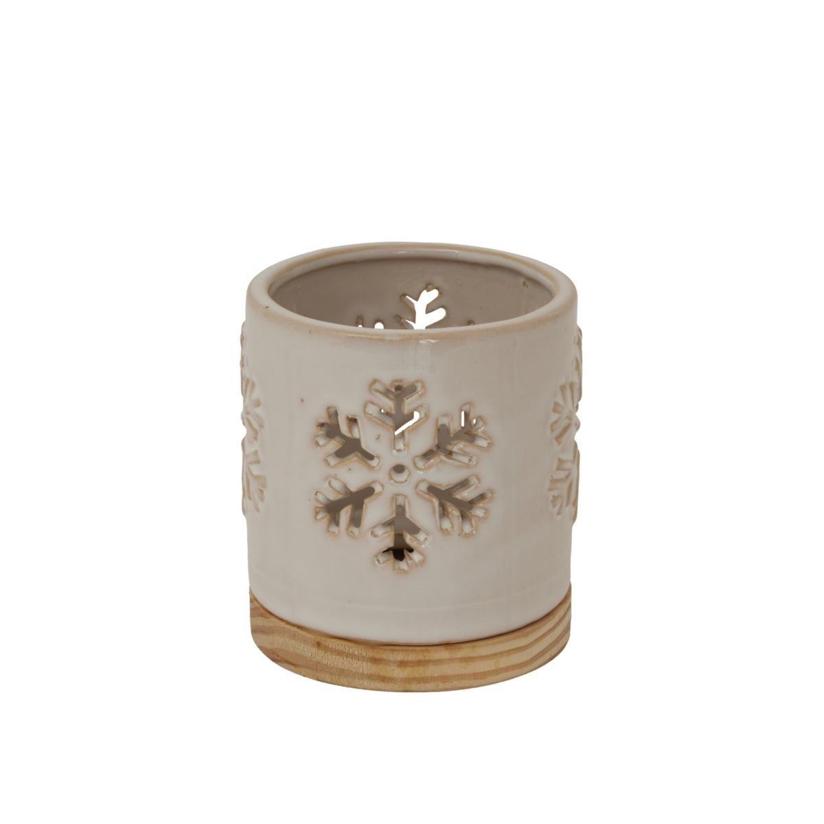 Alora Ceramic Snowflake Candle Holder On Wood Base_1215