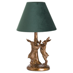 Antique Gold Marching Hares Lamp With Green Velvet Shade_713