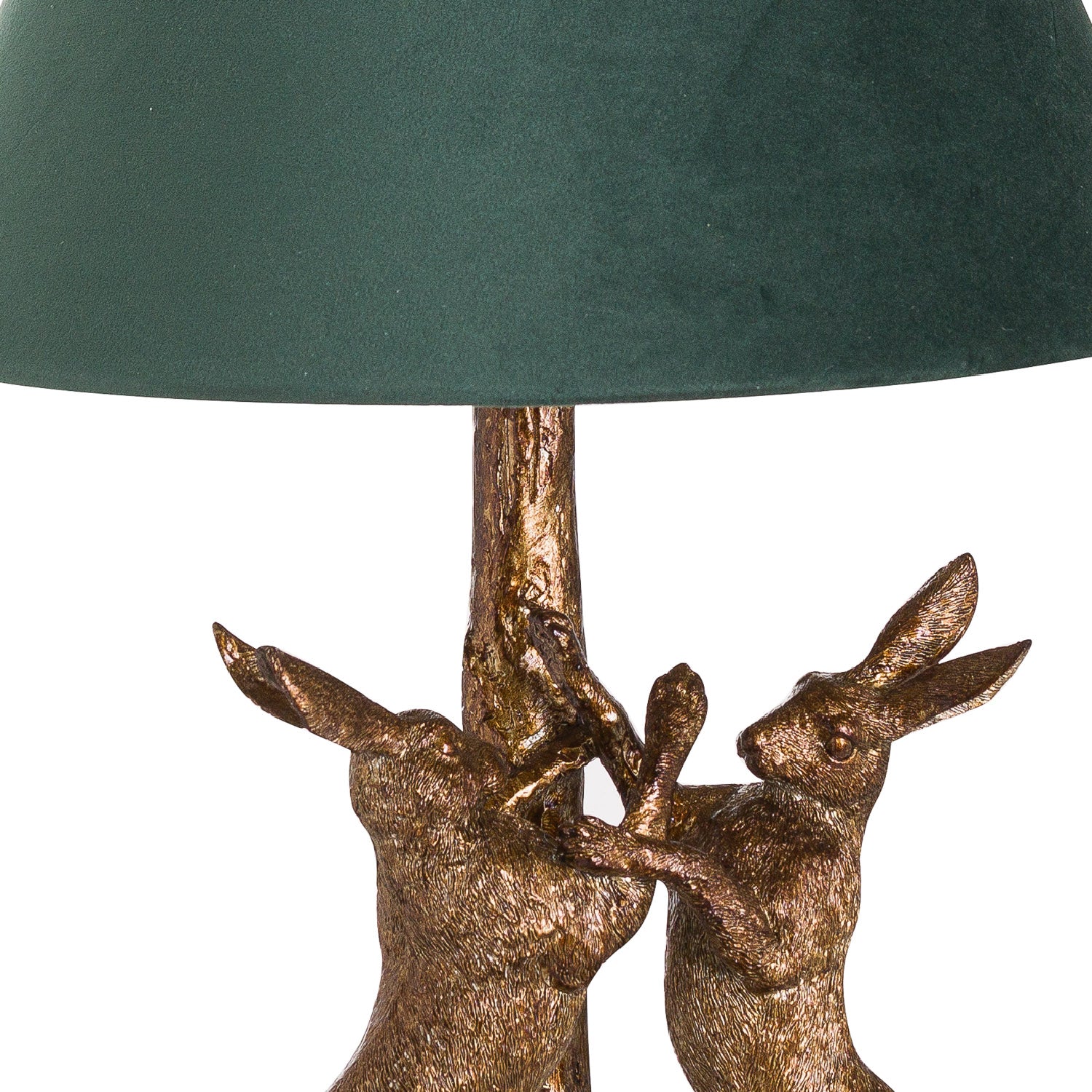 Antique Gold Marching Hares Lamp With Green Velvet Shade_714