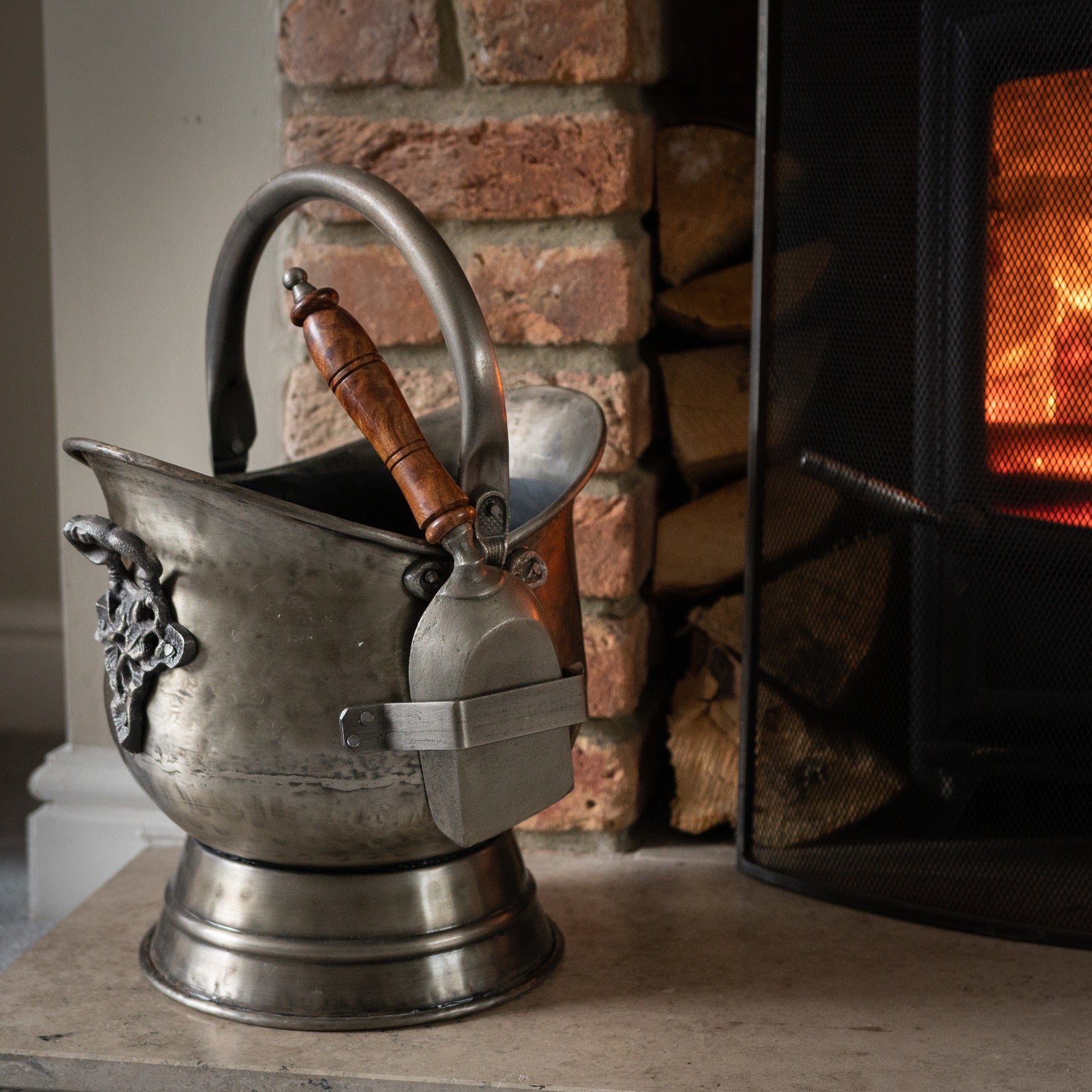 Antique Pewter Coal Bucket with Shovel_4256