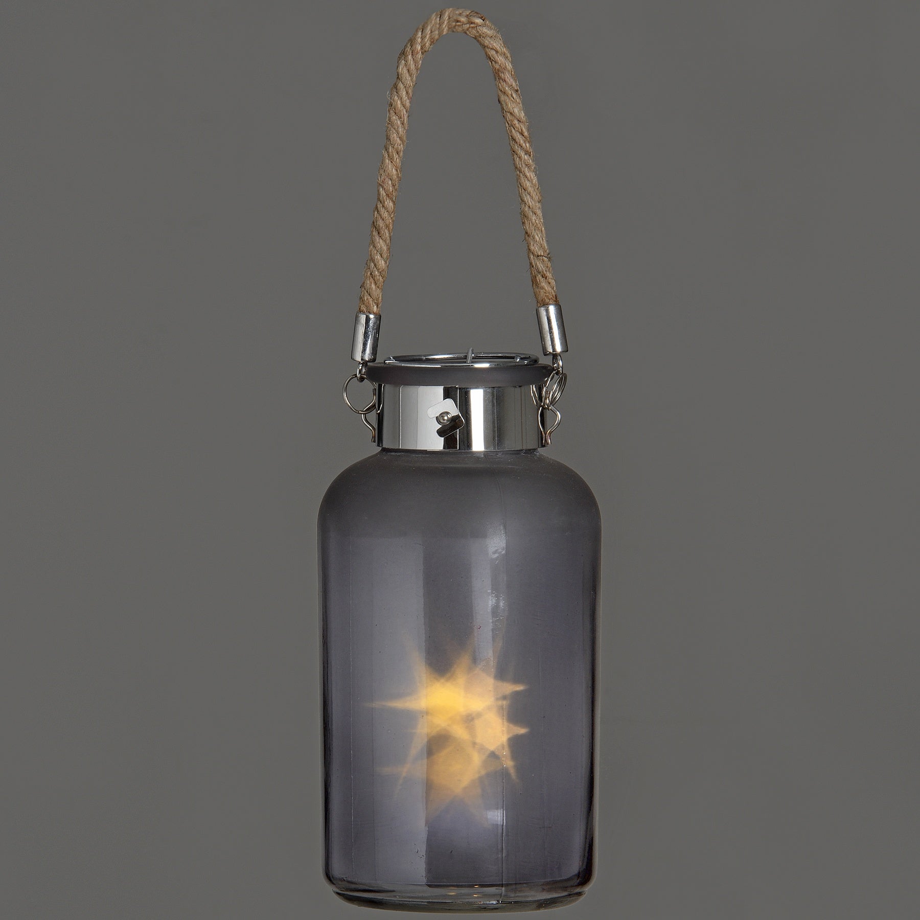 Frosted Grey Glass Lantern with Rope Detail and LED_788