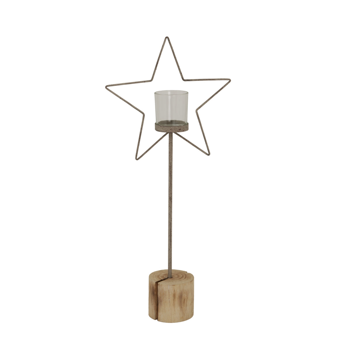 Natural Rustic Star On Wood Stand With Glass Votive_1921
