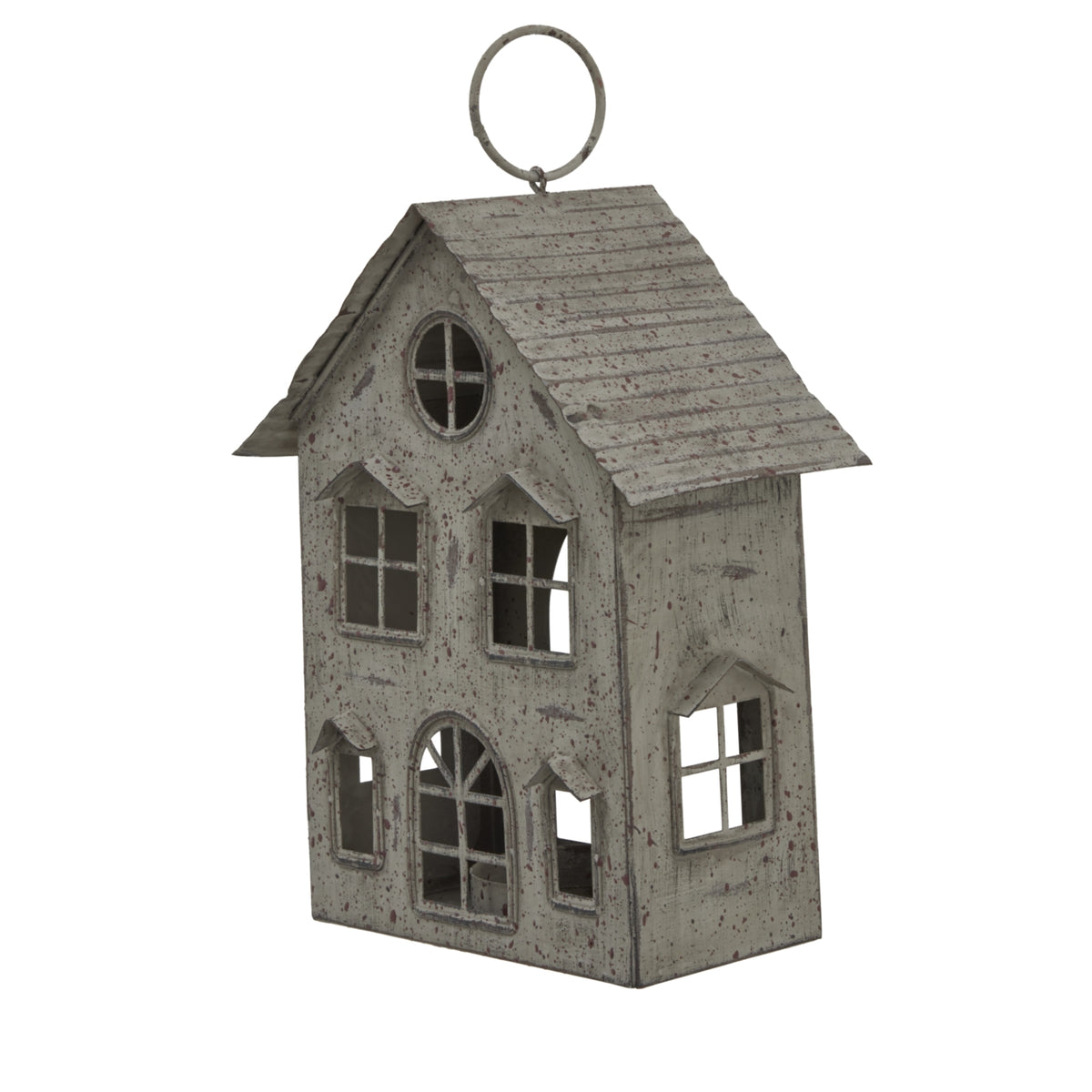 Rustic  Metal Hanging House Tealight With Glass Votive_2841