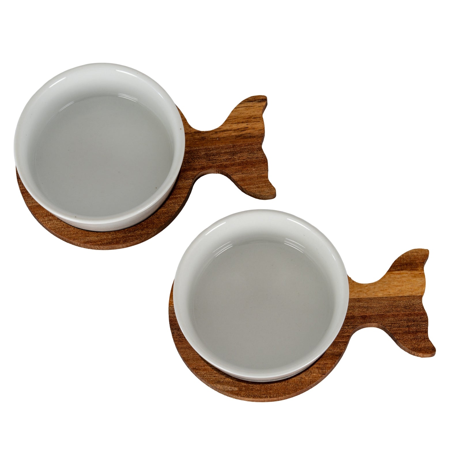 Set Of 2 Acacia Fishtail Serving Trays with Ceramic Bowls [cid:24701-b]