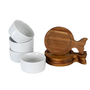 Set Of 4 Acacia Fishtail Serving Trays with Ceramic Bowls [cid:24702-b]