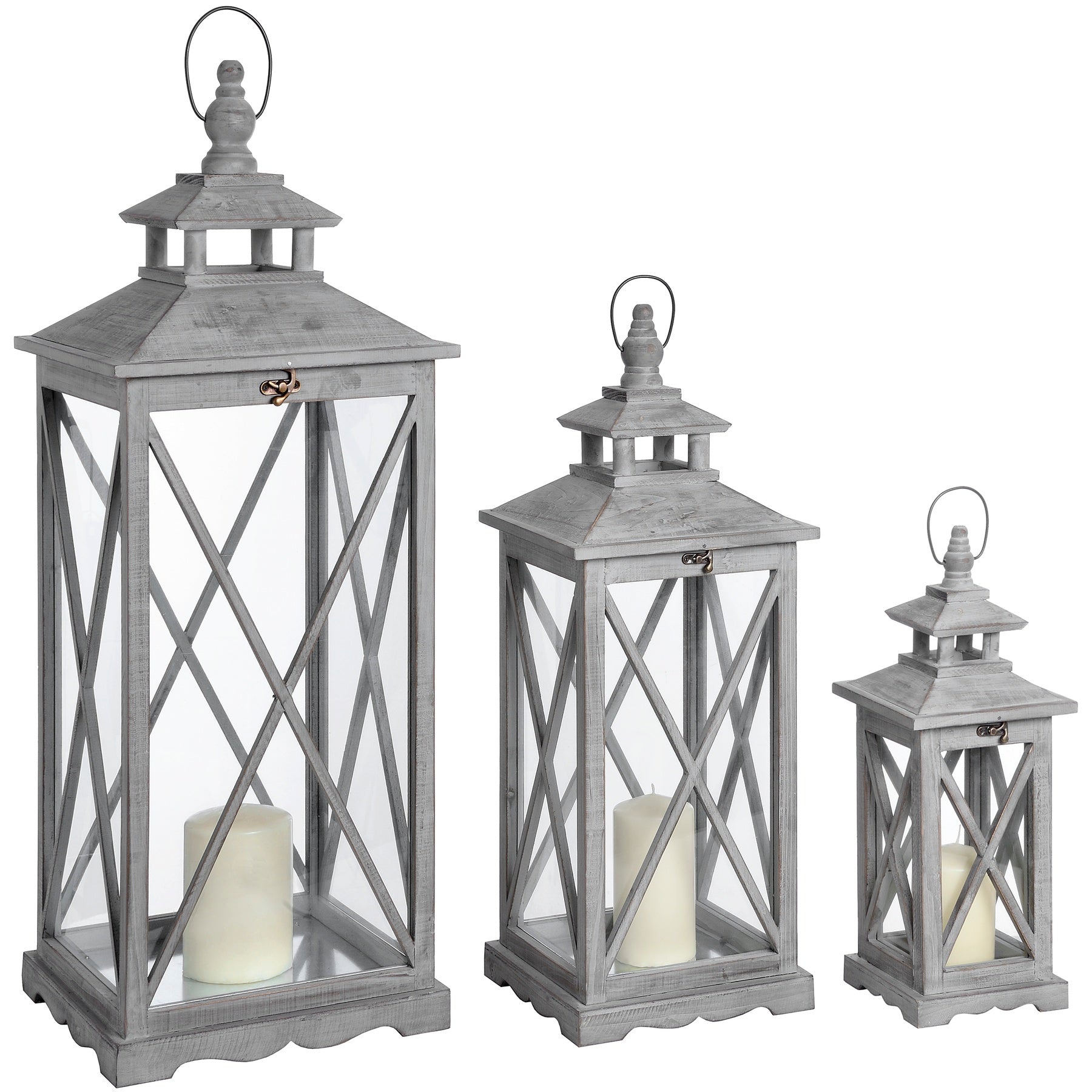 Set Of Three Wooden Lanterns With Traditional Cross Section_1048