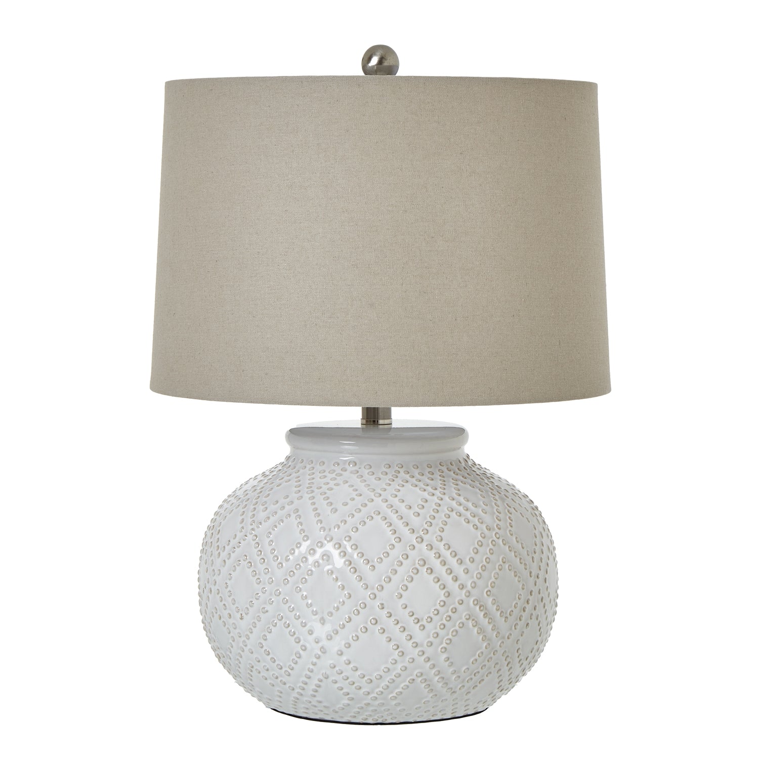 Squat White Beaded Ceramic Lamp With Linen Shade_1103
