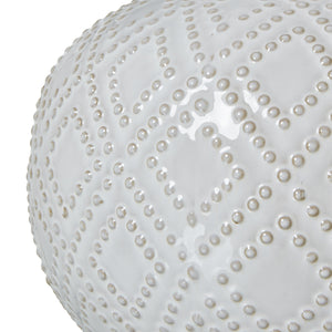 Squat White Beaded Ceramic Lamp With Linen Shade_1105