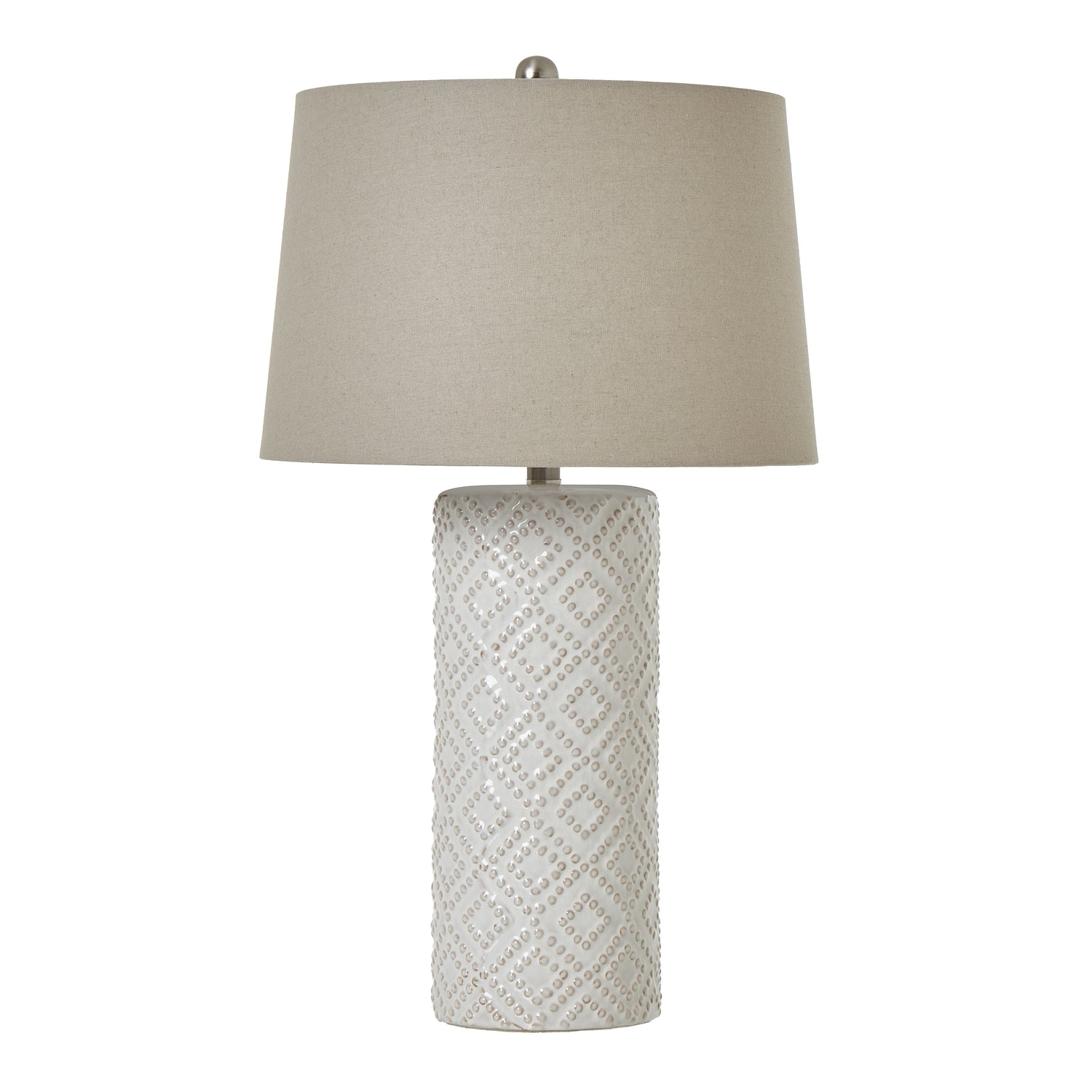 White Beaded Ceramic Lamp With Linen Shade_1159